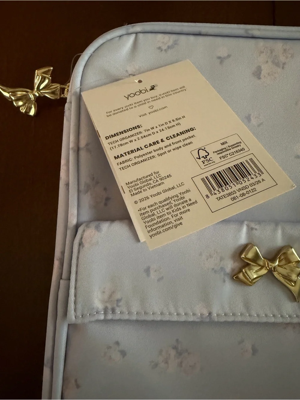 Love Shack Fancy Pastel Blue Floral Tech Organizer Pouch with Gold Bow